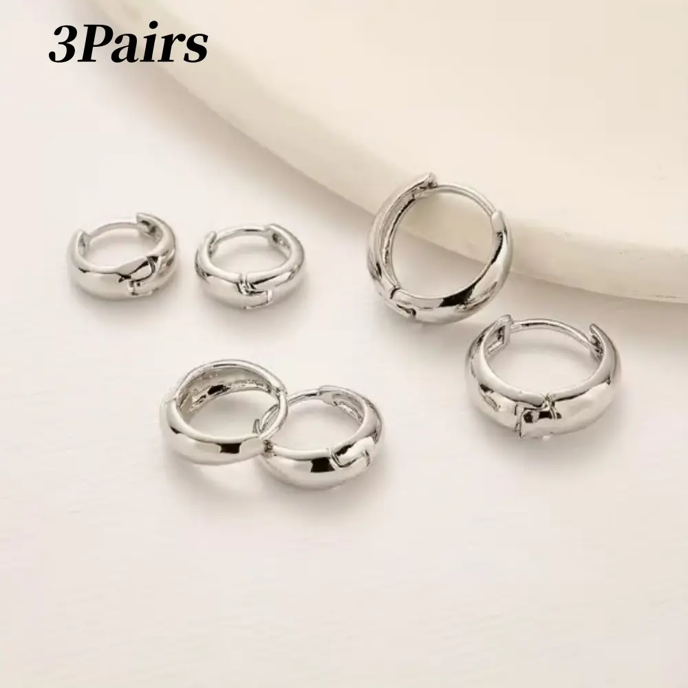 3 Pairs Small Chunky Hoop Earrings Set for Women, Silver Huggie Hoops in 3 Sizes (8/10/12mm), Hypoallergenic with Sturdy Clasps for Multiple Piercings, Chunky Hoops