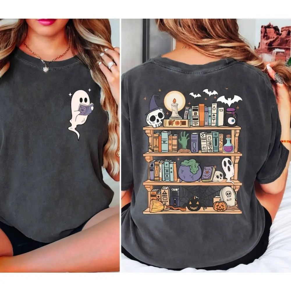 Ghost Book Reader Shirt,Halloween Library Shirt,Halloween Reading Tee,Book Lover Gift,Skeleton Book Club,Reading Girl Shirts Fit Elastic