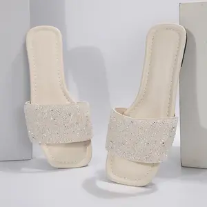 Women's Fashion Rhinestone Slide Sandals Open Summer Dressy Slippers Square Toe Slip On Flat Sandals