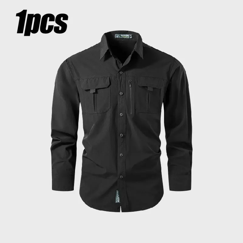 Single unit pack. Spring new men’s quick-dry long-sleeve shirt for outdoor casual wear—thin, sun-protective, breathable, multi-pocket design suitable for sports, hiking, and mountaineering; nylon workwear fabric.Summervibes