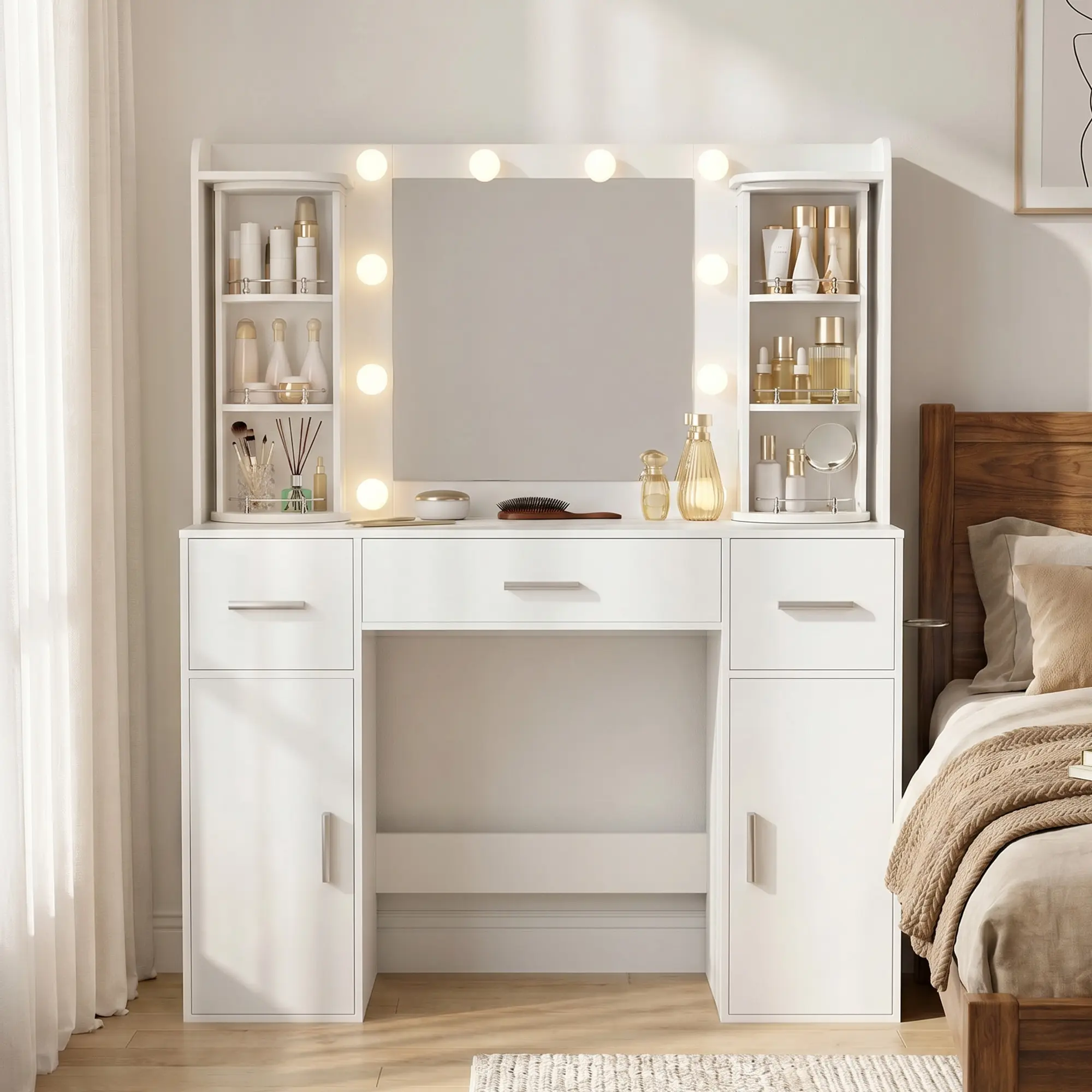 Makeup Vanity Desk with Lights and Mirror, Vanity with Storage Rotating Jewelry Organizers, Dressing Table with USB-C Charging Station, 3 Drawers & 2 Cabinets for Bedroom, Dressing Room