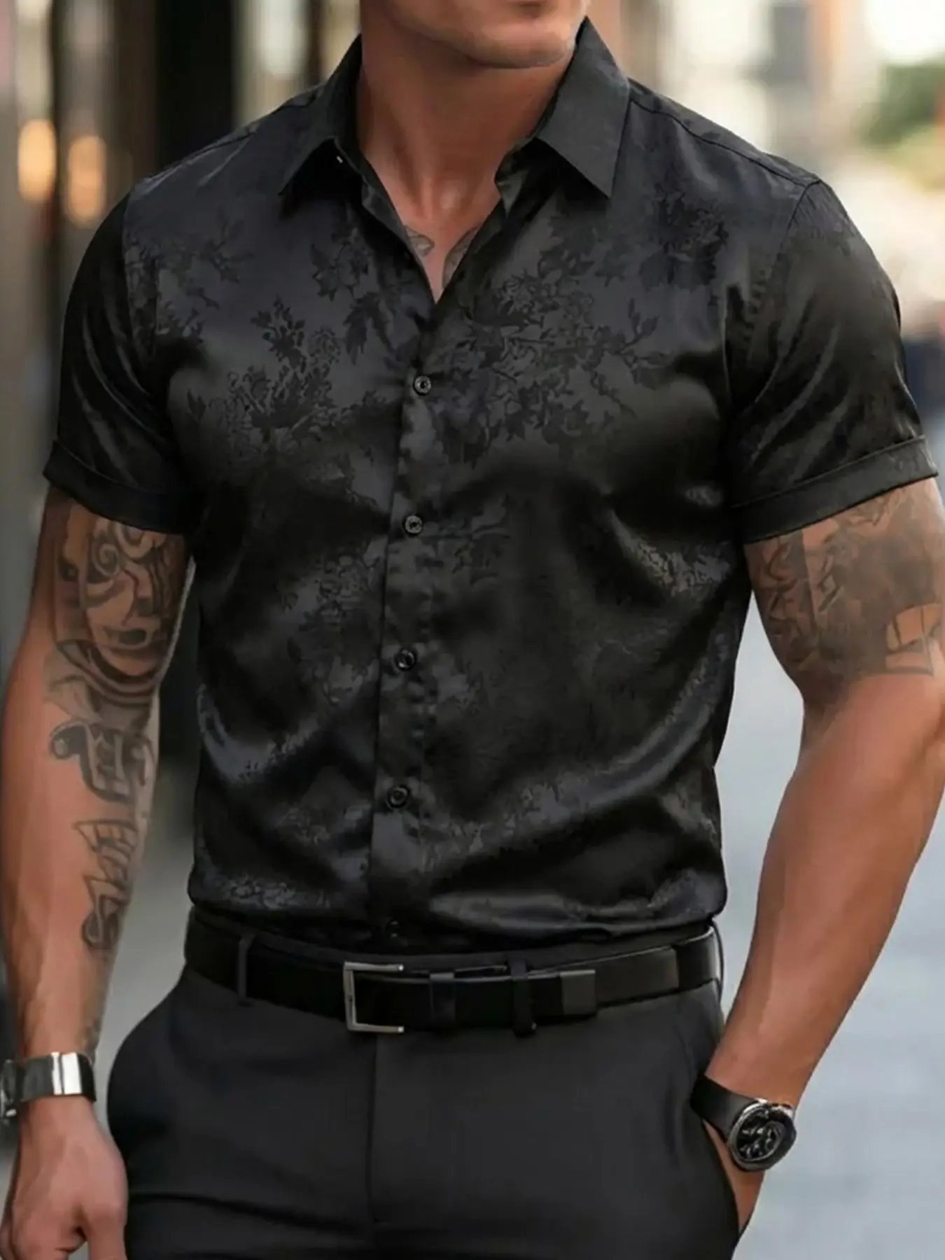 Tailored Fit Black Silk Button Down Shirt for Men | Wrinkle-Resistant Breathable Satin Fabric | Floral Jacquard Short Sleeve Casual Daily Shirt for Business Casual, Wedding Guests & Urban Style Menswear