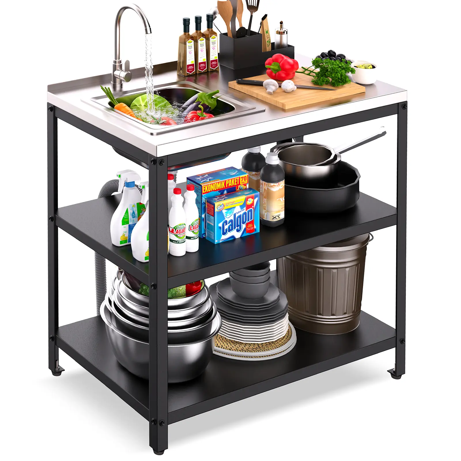 36"H outdoor kitchen sink station, outdoor sink with hose hookup, stainless steel outdoor utility sink with countertop, freestanding laundry sink for backyard, garage, patio, restaurant
