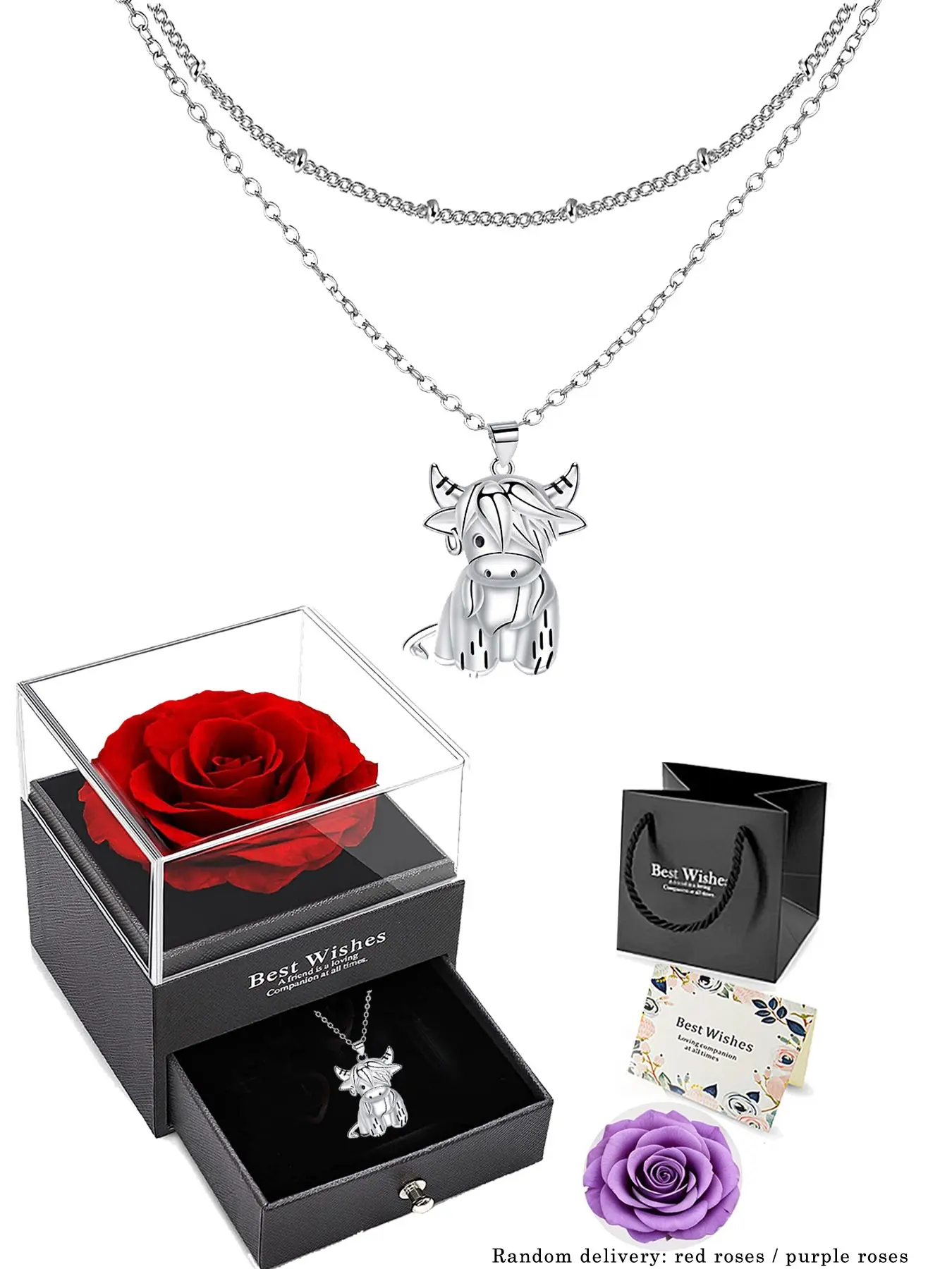 Women's Cute Highland Cow Pendant Charms Necklace Set, Adjustable Layered Design Exquisite Jewelry Gift Box Included Trendy Charm Necklaces Perfect Present for Wife Daughter Trendy Fashionable Accessories
