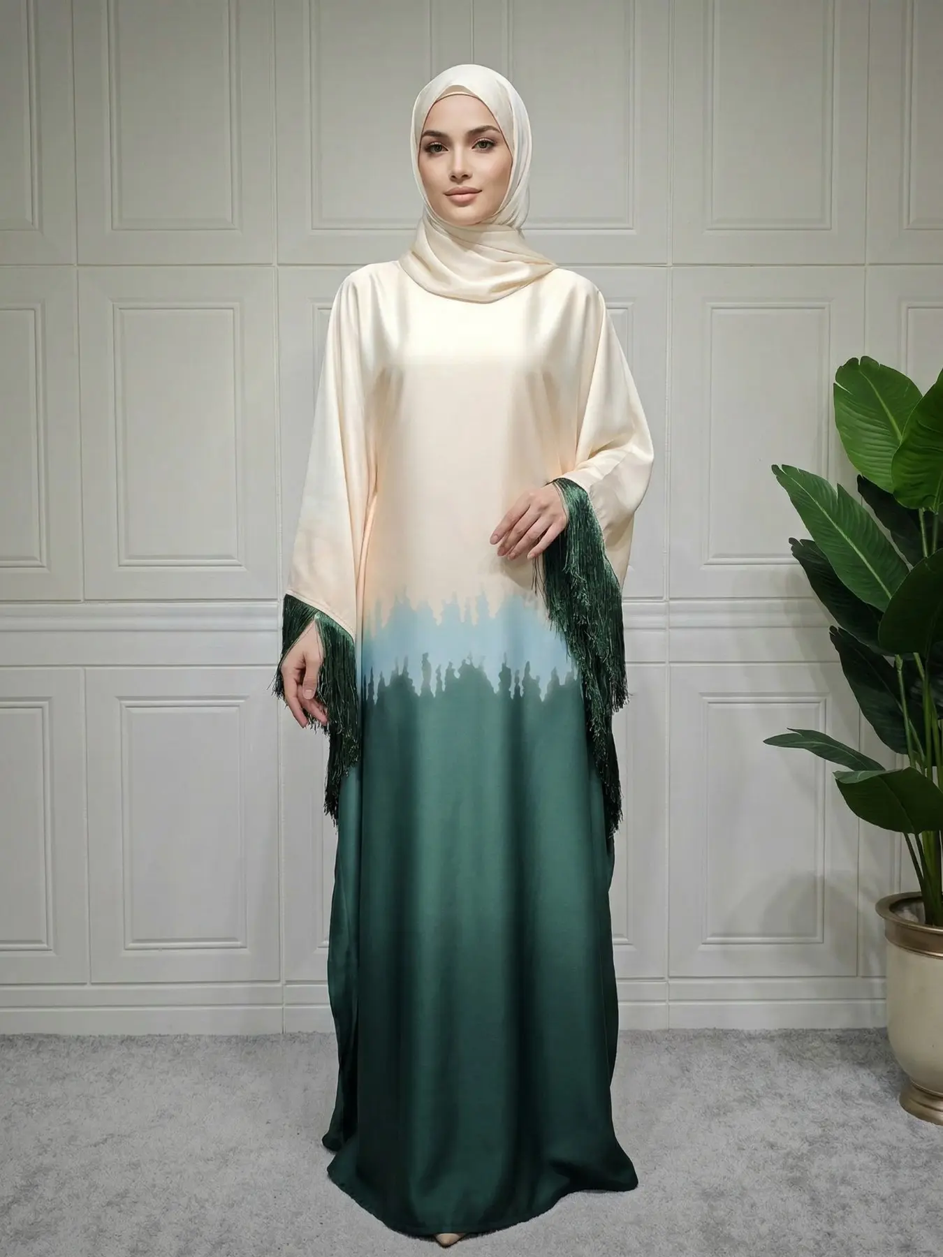 New Muslim Women Gradient Fringe Satin Abaya Long Robe, Bat Wing Sleeves, Elegant Loose-Fit, Casual All-Over Print Dress, Islamic Abaya Dress, Batwing Sleeve Abaya, Elegant Islamic Clothing