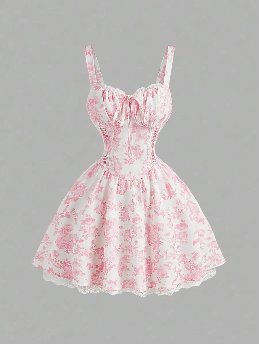 Women Pink White Floral Lace Trim Cami Mini Dress Criss Cross Back Summer Date Graduation Outfit Cottagecore Dress