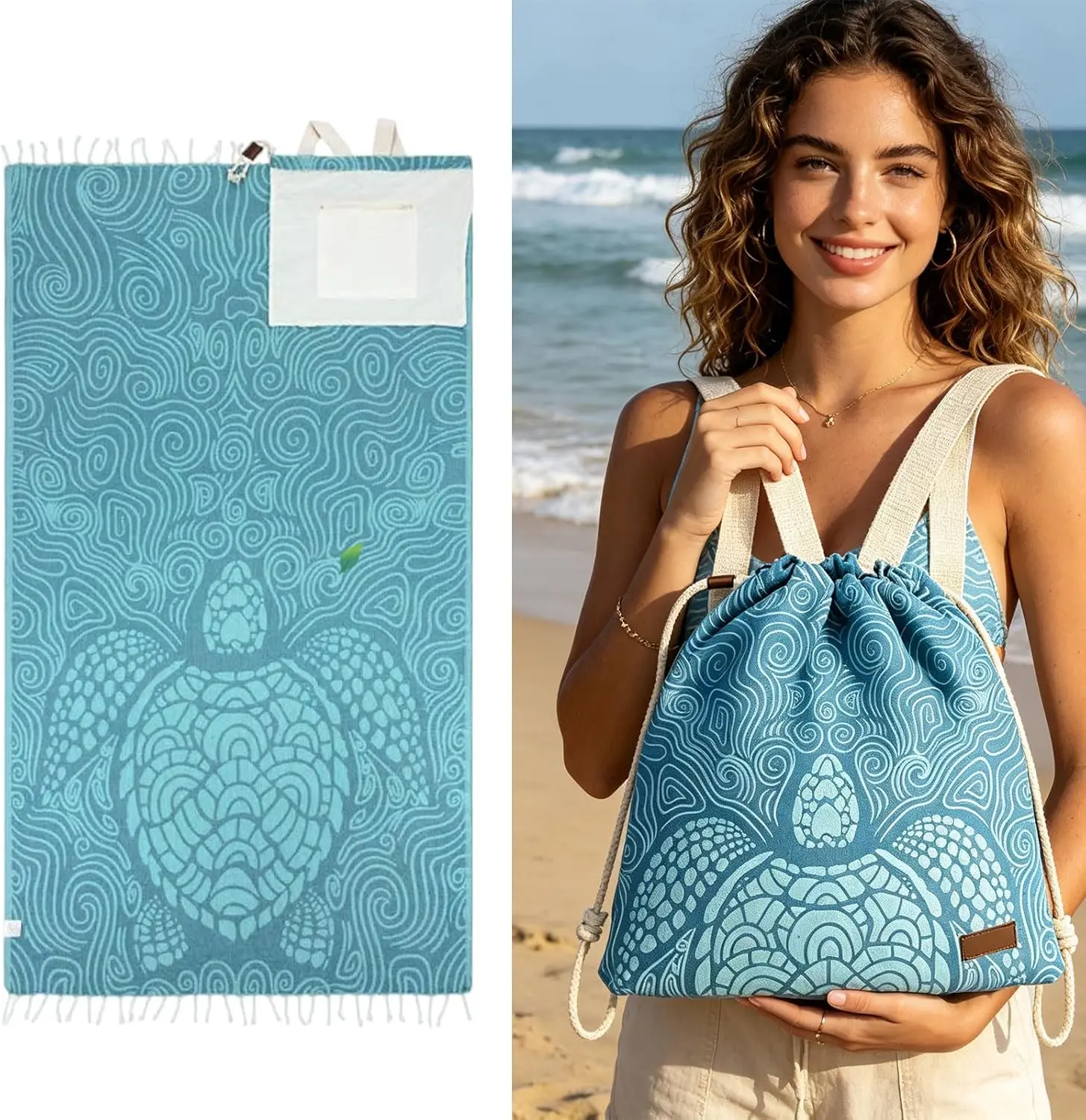 A 2-in-1 towel and backpack combo with a built-in zippered pocket and sand-resistant fabric; an extra-large wearable beach bag and a quick-drying, foldable mat, perfect for camping, travel, vacations, the beach, and the gym