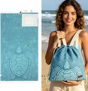 A 2-in-1 towel and backpack combo with a built-in zippered pocket and sand-resistant fabric; an extra-large wearable beach bag and a quick-drying, foldable mat, perfect for camping, travel, vacations, the beach, and the gym