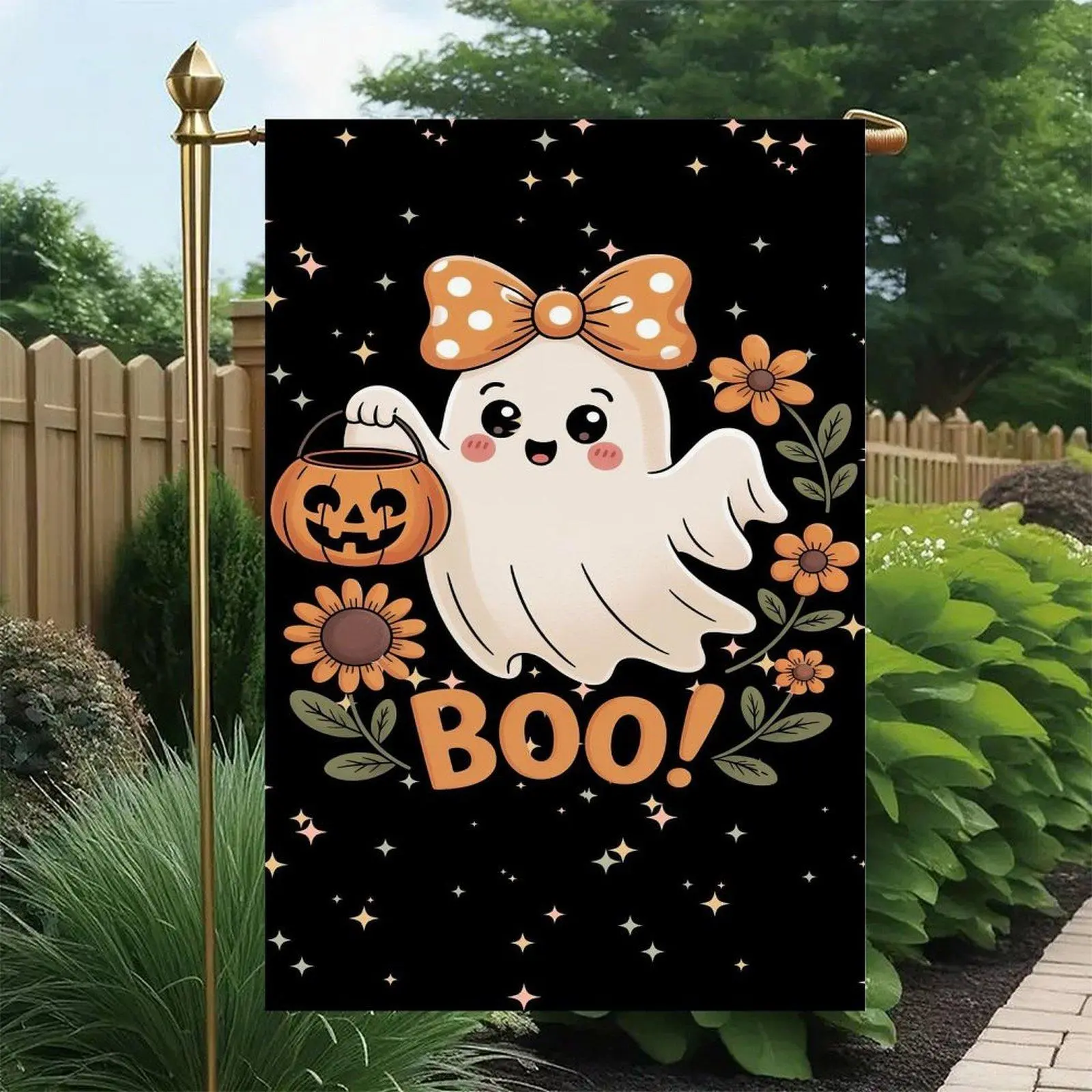 12x18 in Halloween Fabric Garden Flag - Double-Sided Cute Coquette Ghost, Orange Polka Dot Bow, Pumpkin Candy Bucket, Sunflower Boo Design on Black Background, Fall Festive Front Yard Decor Banner