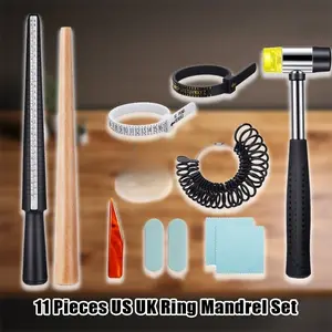11pcs Ring Mandrel Set | US UK Size 1-13 with Half Size Ring Sizer Gauge, Jewelry Hammer, Ring Sizer Adjuster, Polishing Cloth, Polishing Stick, Polished Agate Knife, Measuring Tool