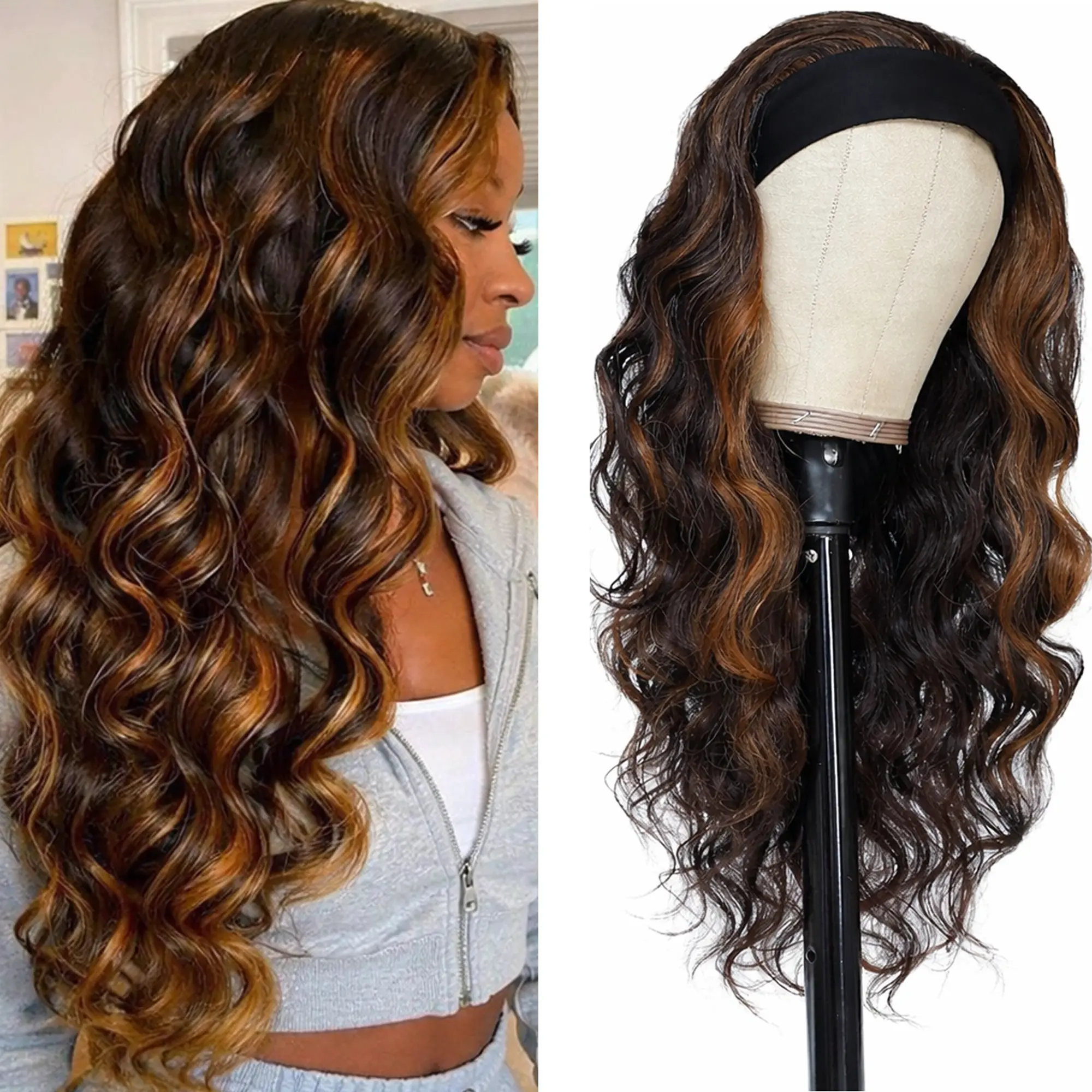Summervibes Long Wavy Headband Wig for Women Black Wigs with Brown Blonde Highlight 200% Denisty Headband Wigs Put On and Go Glueless Wig Long Synthetic Wig for Women Party Daliy Use