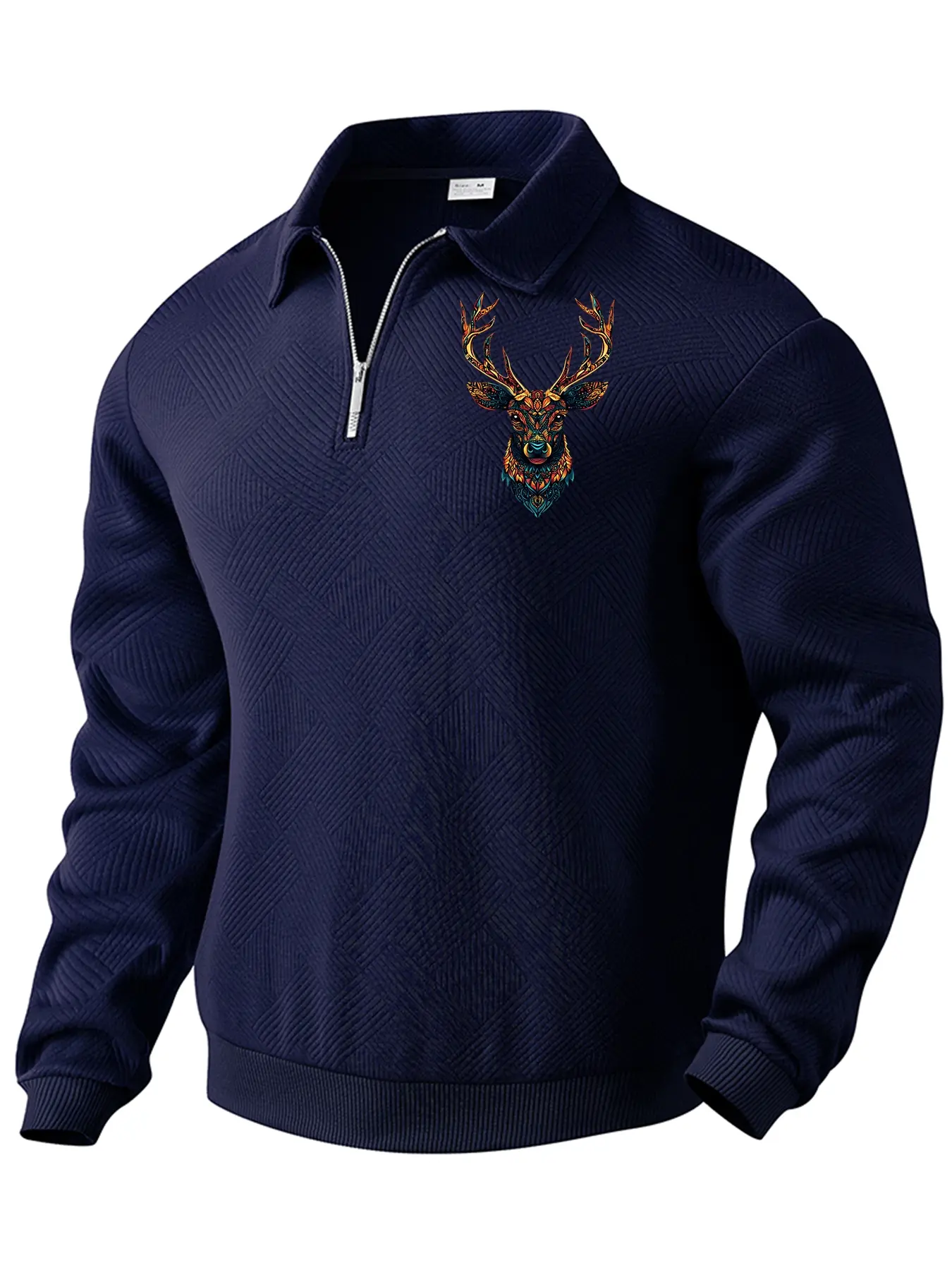 A men's solid color half-zip long sleeve hoodie with a deer print on the chest, knitted fabric, casual style, suitable for men' daily wear in autumn and winter, men's casual sports long sleeve hoodie.