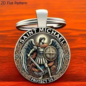 Saint Michael Defender Zinc Alloy Keychain Decor, 2D Battle Design, Protective Pendant, Religious Gift, Polished, Spiritual Accessory
