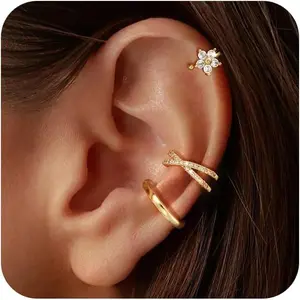 3Pcs Ear Cuffs Non Piercing for Women - Trendy 14K Gold Plated Cuffs Earrings with Cubic Zirconia - Dainty Clip On Cartilage Earring Jewelry