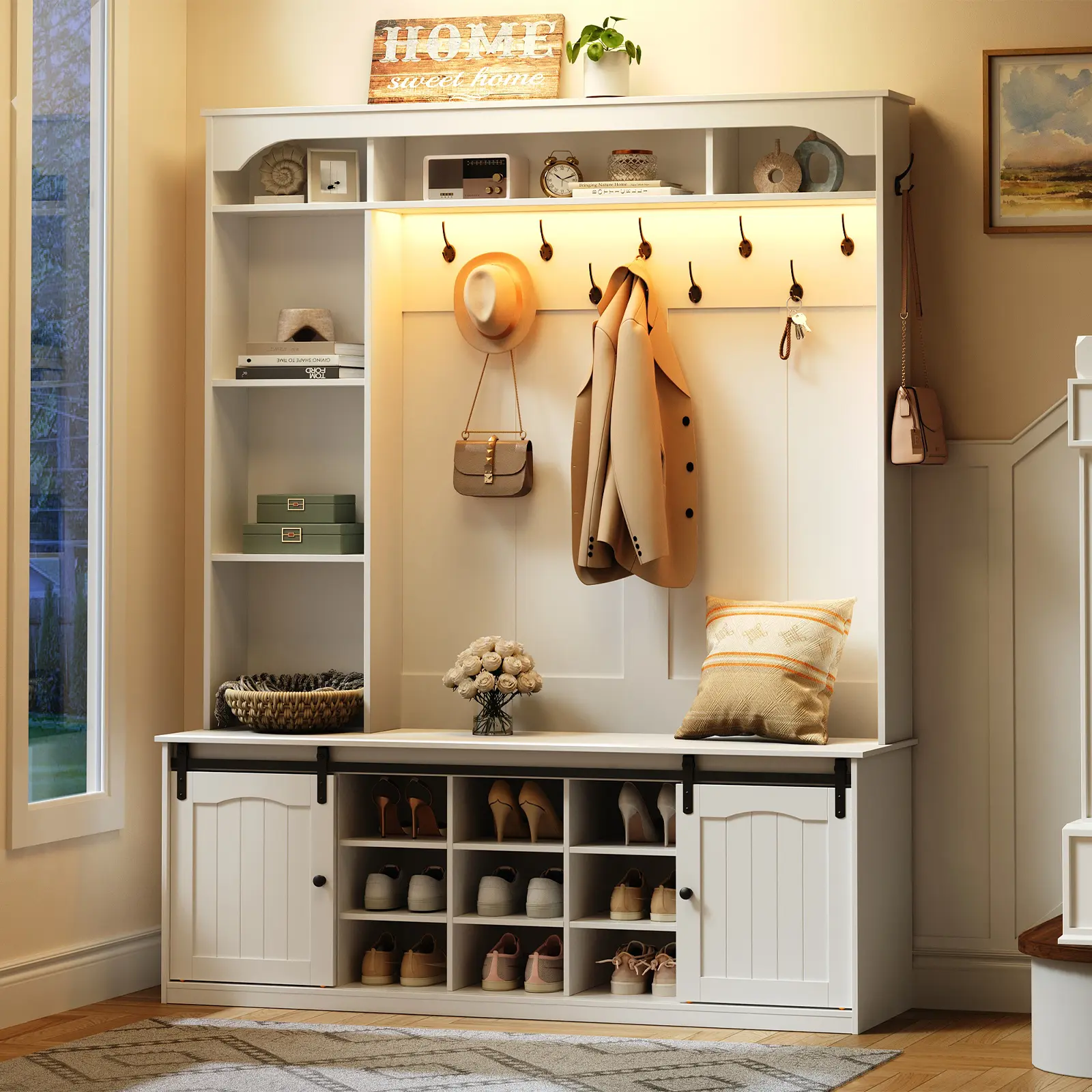 HOOBRO Farmhouse LED Hall Tree with Bench - 59" Freestanding Farmhouse Cabinet, Entryway Coat Rack with 13 Shoe Cubbies & Barn Doors, Classic Compartmentalized Design Open Shelf Adjustable Shelves Wooden Mud Room Furniture, Open Shelf Cabinets, Adjustable