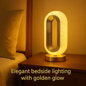 Portable Artificial Crystal Table Lamp, Desk Lamp, USB Rechargeable 3-Color Touch Control Night Light for Bedrooms Living Rooms & Gifting Elegant Design with Gold Finish A