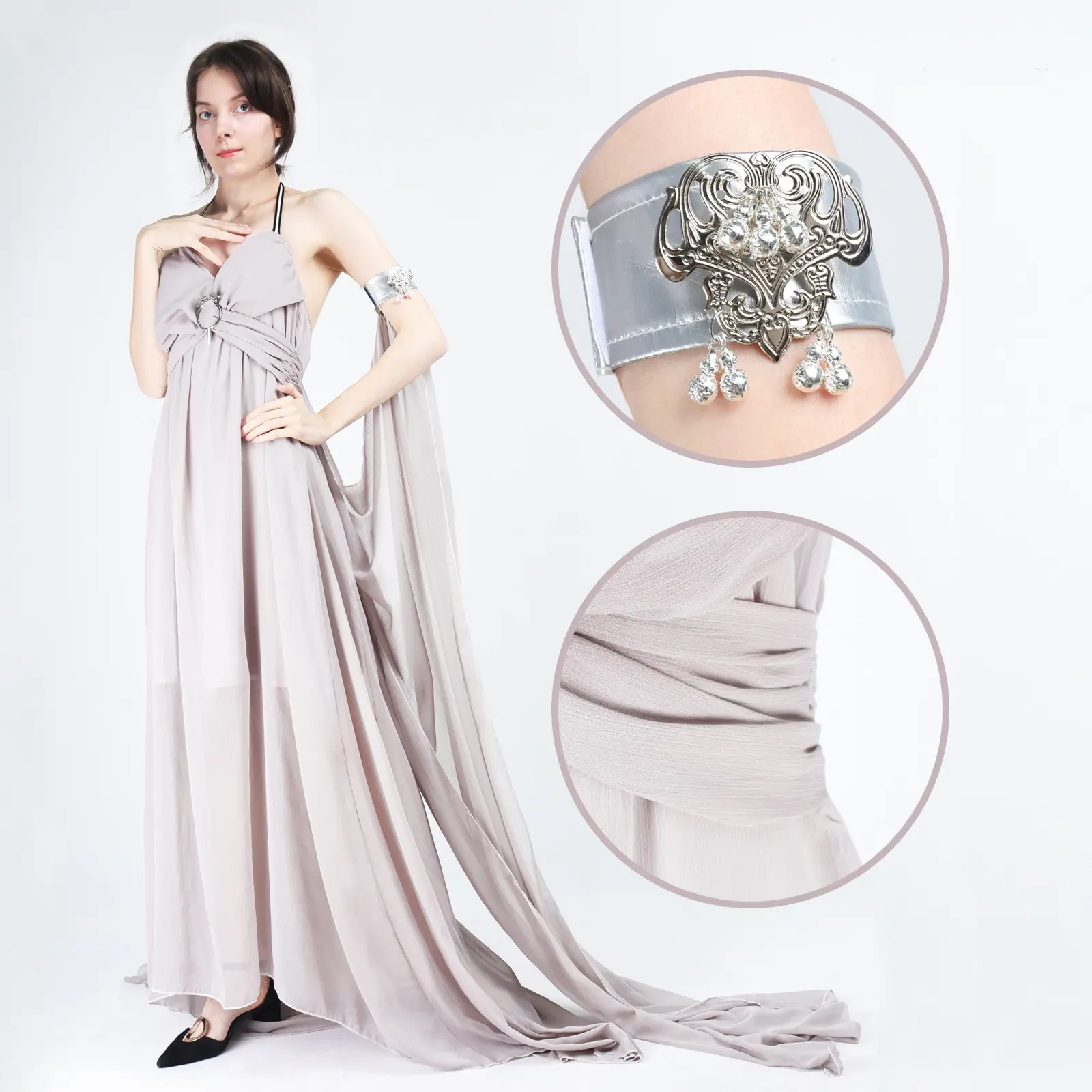 Daenerys Grey Maxi Dress Cosplay Costume with Brooch Armbands for Comic Con Convention
