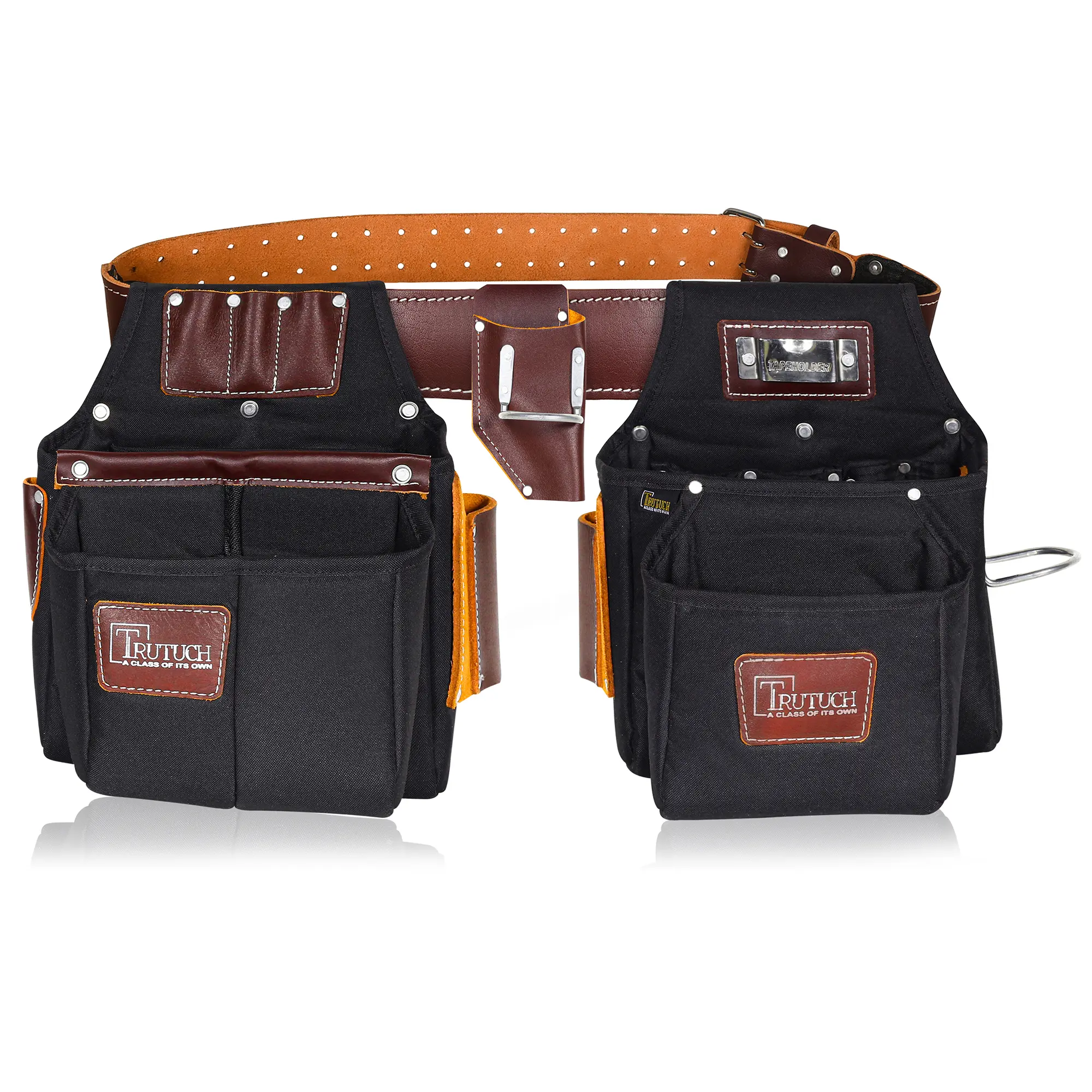TRUTUCH Black Nylon and Leather Tool Belt with 24 Pockets for Carpenters and Electricians