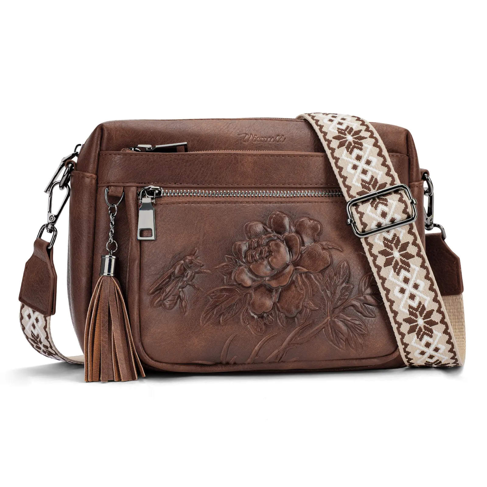 Floral Bee Embossed Crossbody Bag for Women , Vegan Leather Shoulder Bag with Adjustable Strap, Multi-Pocket Lightweight Handbag, Vintage Daily Purse & Gift Bag