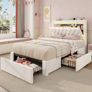 Sikaic Twin Size Upholstered LED Bed Frame with 3 Storage Drawers, Velvet Headboard with Hidden Storage & Charging Station, Button Tufted Princess Bed for Girls, No Box Spring Needed summergarden