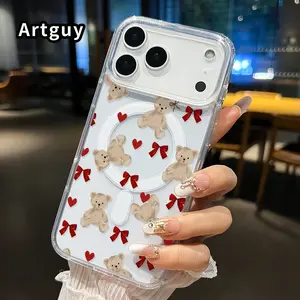 Magnetic Soft Phone Case for iphone 17 Pro Max 16 Plus 15 14 13 12 11 Air XR E Teddy Bow Heart Pattern Anti-Yellowing Shockproof ultra-thin Silicone Crystal Transparent Acrylic Large Hole Cover Supports Wireless Charging
