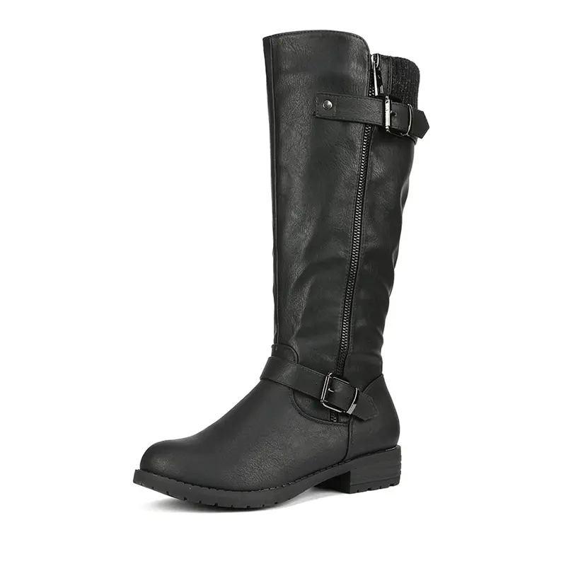 Dream Pairs Women's Soft Leather Chunky Platform Round Toe Knee-High Buckle Zip Boots - 0.5" Comfortable Heels, Casual Wear Footwear for Ride, Block Heel, Soft Pu, Flexible, Tpr Outsole, All Seasons, Leather & Faux Leather