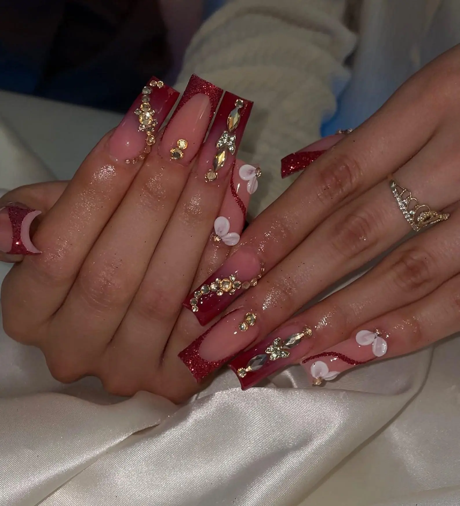 Red Glitter French Tip Press On Nails, 3D Flower Rhinestone Bling Fake Nails, Luxury Handmade Nail Art