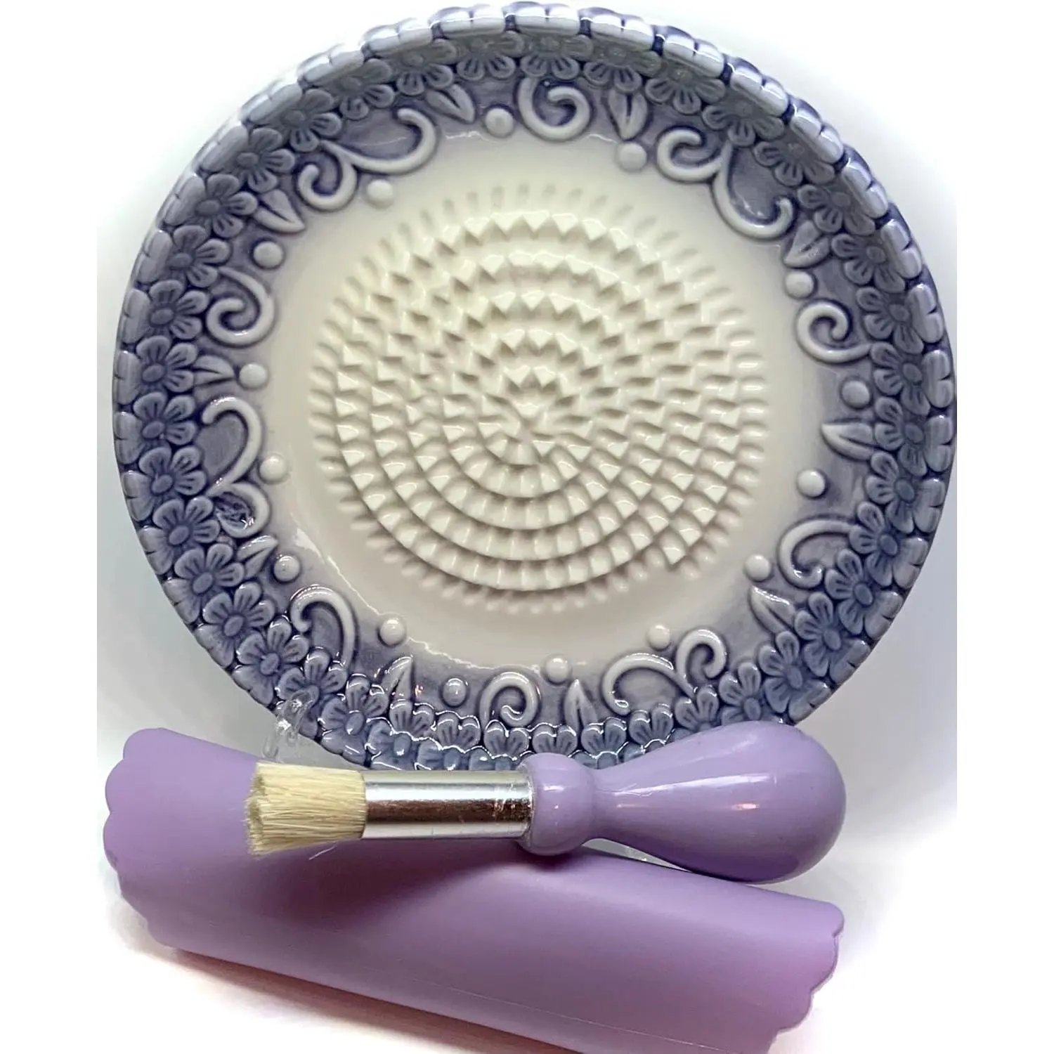 Colorful Synthetic Corrosion-Resistant Ceramic Garlic Grater Plate 4-Set - 20+ Embossed Designs - Ideal for Garlic and Ginger Prep - Includes 5.25" Plate, Peeler Tube, Brush, Stand, Center Ridges for Intuitive Grating, Center Ridges Make Grating Intuitive