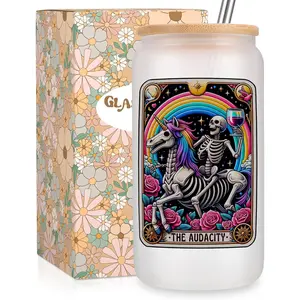 the Audacity Iced Coffee Cups, Cute Goth 16 oz Frosted Glass Tumbler w/Lid Straw, Gothic Skull Cup, Spooky Skeleton Glass Tumbler, Halloween Birthday, Witchy s for Women Tarot Lovers