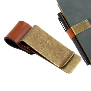 Vintage Brass Notebook Metal Pen Clips, PU Leather Pen Holder, Loose Leaf Diary Memo Clip, Bookmark Journal Planner Pencil Holder, Book Accessories