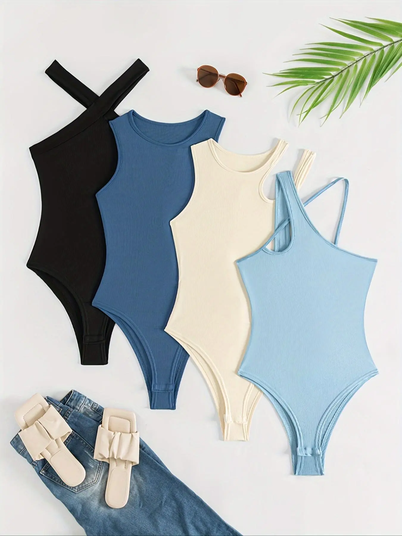 4 Piece Women's Asymmetrical Neck Cut Out Bodysuit Set, Casual Slim-Fitting Bodysuit for Party & Daily Wear, Fashion Spring & Summer Clothes