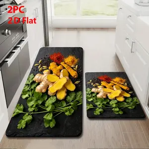2/3 Piece Flannel Kitchen Mat Set, Stone Base, Ginger, Turmeric, Cilantro, Retro Industrial Style, Non-Slip, Absorbent