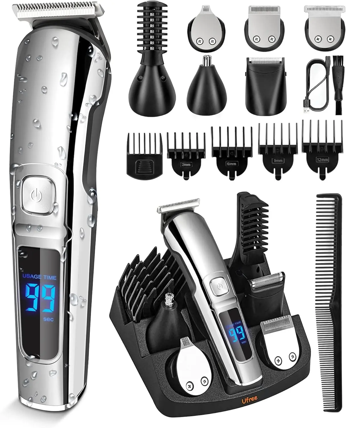 Brightup Mens Beard Trimmer IPX7 Waterproof Cordless Electric Shaver All In One Grooming Kit For Face Mustache Nose Ear Body Hair With Travel Case