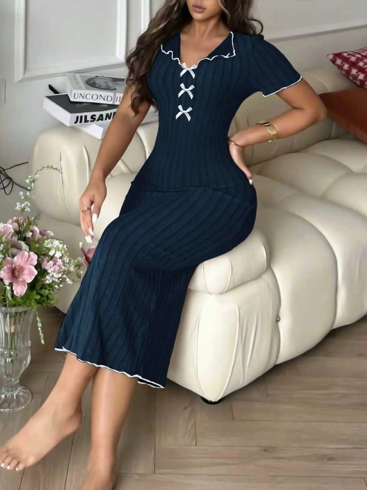 Ladies' bow tie sleepwear, early autumn nightgown, mid length dress, home wear, nightdress Ladies' elegant, comfortable, loose, soft, solid color bow V-neck long sleepwear, nightgown, home wear