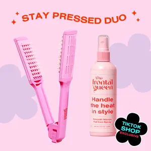 The Frontal Queen STAY PRESSED DUO - Complete Silk Press Kit for Smooth, Shiny Hair | Lightweight Heat Protectant Spray Shields Up to 450°F + Hair Chaser Brush for Frizz-Free, No-Tangle Flat Iron Styling