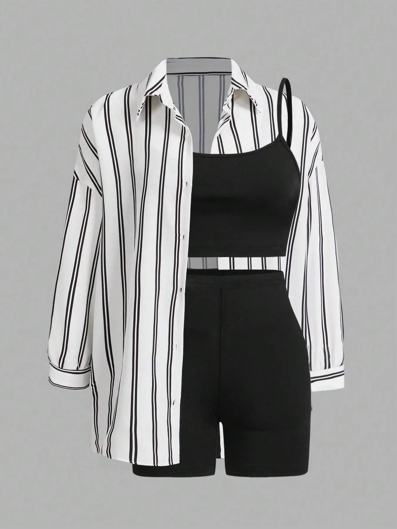Women's 3-Piece Solid Color Fitted Cami Top, High-Waist Shorts and Striped Long-Sleeve Top Set, Casual Fashion Summer Matching Set, Women's Clothing for Daily Wear, Womenswear