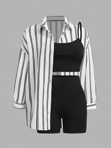 Women's 3-Piece Solid Color Fitted Cami Top, High-Waist Shorts and Striped Long-Sleeve Top Set, Casual Fashion Summer Matching Set, Women's Clothing for Daily Wear, Womenswear