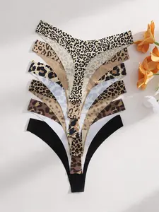 6PCS Women's Seamless Design Invisible Leopard Print Comfortable High Elasticity Daily Wear Underwear Panties, Low Waist Thongs
