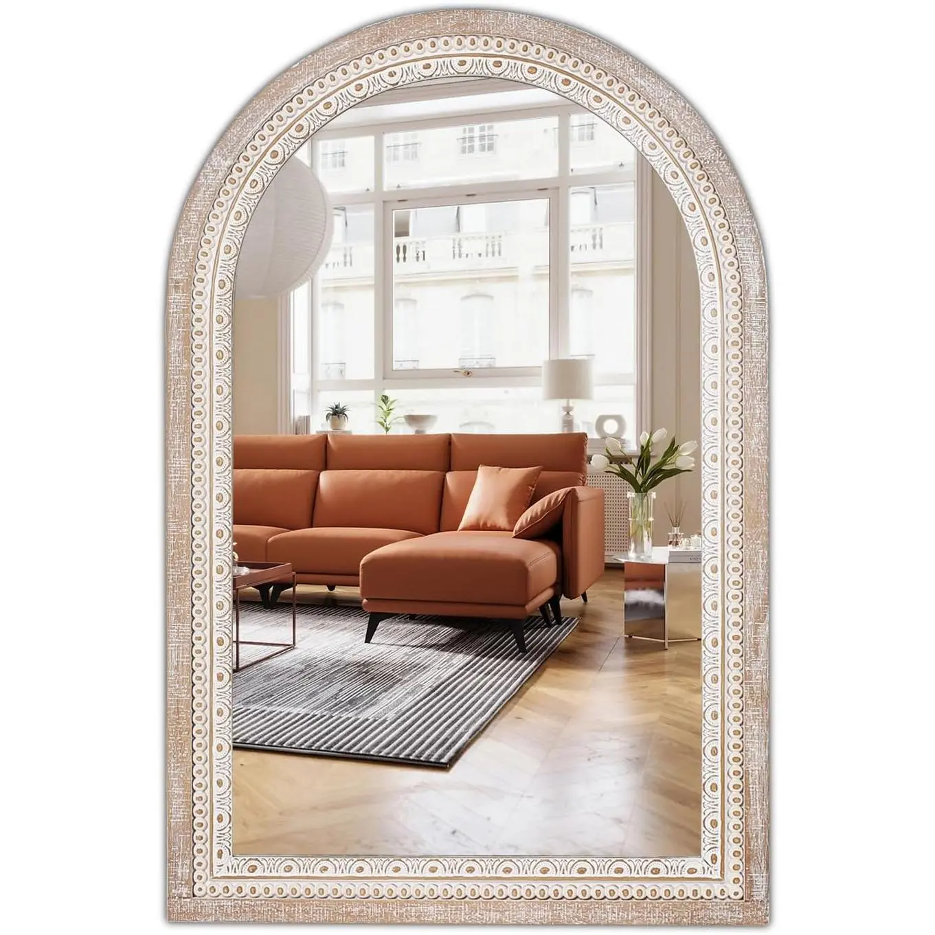 36x24'' Farmhouse Arched Decorative Wall Mirror, Farmhouse Wooden Mirrors with Beaded for Living Room, Hallway, Bathroom, Entryway - Vertical/Horizontal