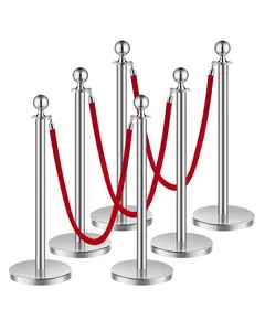 【Summervibes】VEVOR 6-Piece Stanchion and Velvet Rope Set, Silver Stainless Steel Posts with Hollow Bases, 3 Red Velvet Ropes, Crowd Control Barriers for Party Supplies