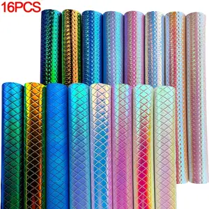 16 Pieces Rainbow Holographic PVC Fabric Faux Fur Backing Rhombus Embossed Pattern Laser Rainbow Vinyl for DIY Quilt Bag Bow Jewelry Making A4 21x30cm