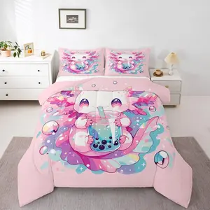 Axolotl Quilt Cute Salamander Pattern Kawaii Bedding Set,Sweet Dessert Milk Tea Comforter Set,Ocean Beach Coastal Duvet Insert,Pink