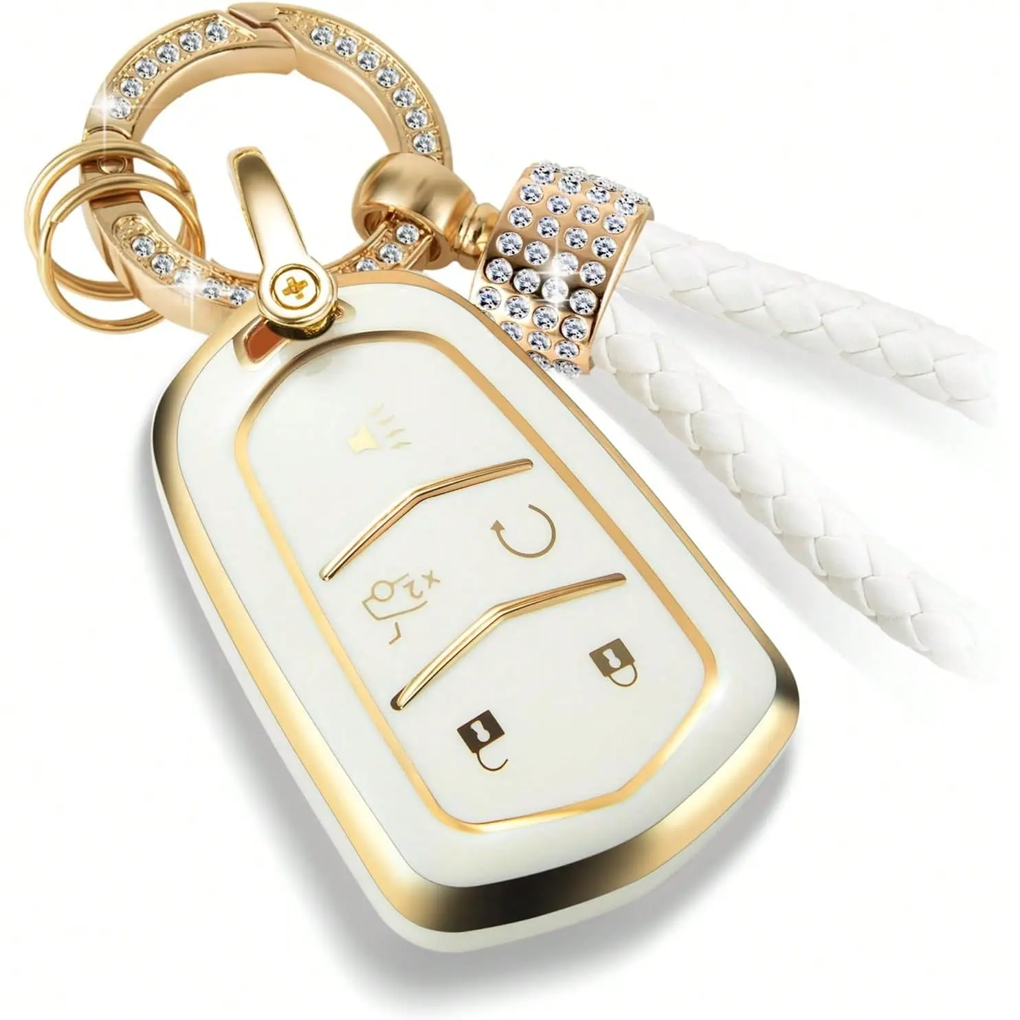 ACEBOY For Cadillac Key Fob Cover With Luxury Diamond Bling Braided Rope Keychain, Upgraded Soft Key Case For 2015-2019 Escalade CTS SRX XT5 ATS STS CT6