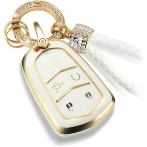 ACEBOY For Cadillac Key Fob Cover With Luxury Diamond Bling Braided Rope Keychain, Upgraded Soft Key Case For 2015-2019 Escalade CTS SRX XT5 ATS STS CT6