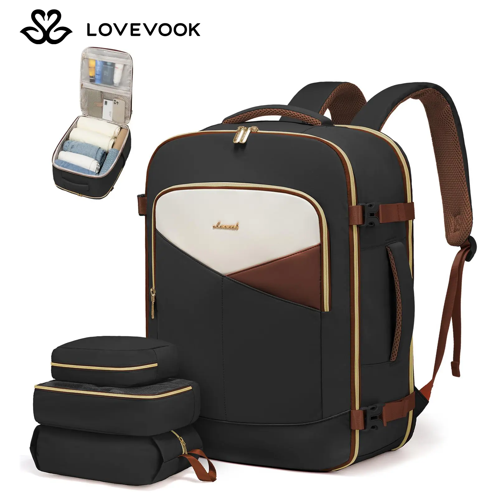 LOVEVOOK Carry On Travel Bagpack for Man and Women, Waterproof Backpack for Travel with 3 Packing Cubes, Color-Blocked Bag with Laptop Compartment, Perfect Airplane Travel Essentials, TSA Approved Carry On Size TikTokShopBackToSchool