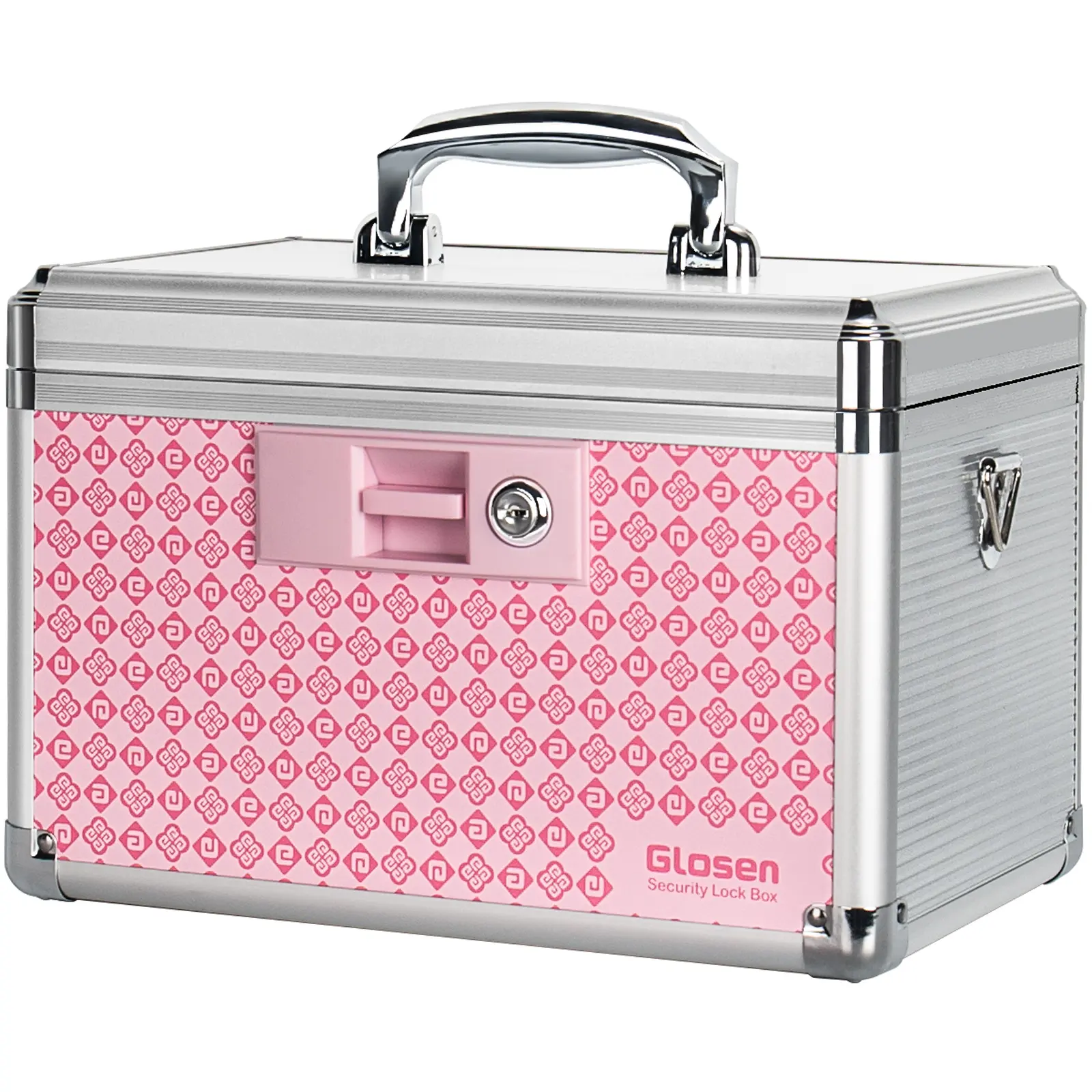 GLOSEN 12-in Aluminium Multifunctional Organizer Storage Box with Lock Handle, Shoulder Strap, Pink Pattern - Double Layer Home Jewelry Organizer for Jewellery, Storing Medicine, Bedroom Decor