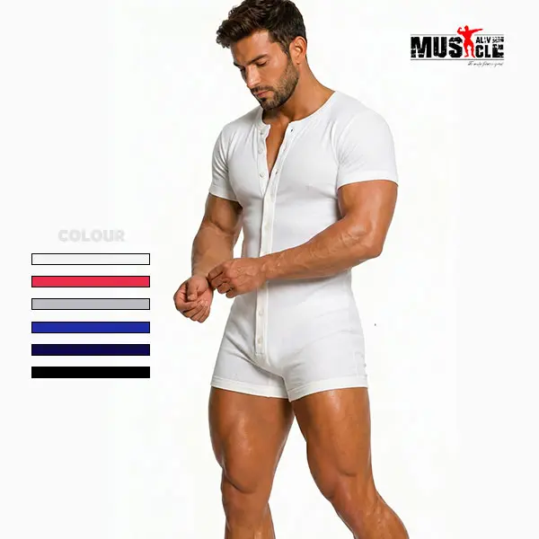 Men's Henley Romper, Short Sleeve Stretchy Knit Cotton Jumpsuit, Sexy Streetwear Loungewear with Comfortable Boxer Bottoms, Casual, Pajamas, Overalls, Minimalist, Athletic, Menswear, Activewear, Mens Clothing, Relaxed Fit, Knitting, Plain, Solid