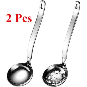 2 Pcs Soup Ladle Metal SUS304 Stainless Steel Ladles Spoon And Slotted Colander Spoon Set Small Sonless Steel Ladles Spoon And Slotted Colander Spoon Set Small Soup Ladle With Holes Strainer Scoop Ladles For Serving Gravy Hot Pot Or Restaurant,2 Piece Set