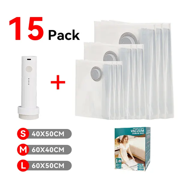 Travel Space Saver Vacuum Storage Bags (9/15-Pack Box Pack) with USB Rechargeable Electric Pump, Durable Zipper Seal, Lightweight Organizer for Go Out Trips & Luggage (Accepts Compact Packing Needs)