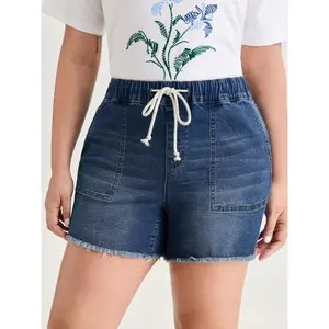 BLOOMCHIC Plus Size Stretchable Denim Shorts with Raw Hem and Contrast Drawstring [M–6X], 2026 Summer Vibes Swimweek